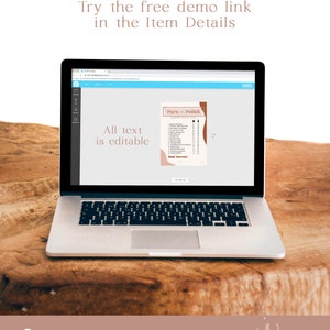 May include: A laptop computer displaying a printable "Porn + Polish" bingo card. The text "All text is editable" is visible on the screen. The laptop is on a wooden surface. The text "Try the free demo link in the Item Details" is above the laptop.