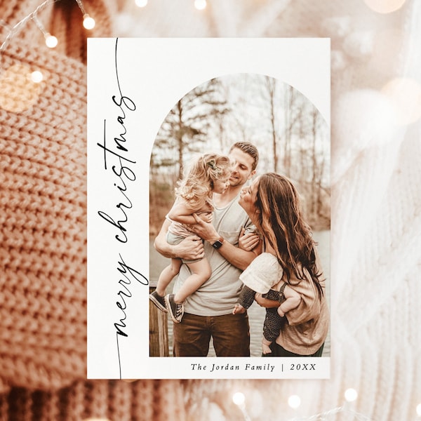 Photo Christmas Card Template, Boho Holiday Card, Minimalist Christmas Card, Arch Christmas Card, Merry Christmas, Editable Template M9