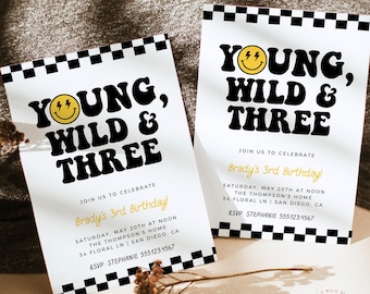 PRINTED + SHIPPED | Young Wild and Three Birthday Invitation | Smiley Face Celebration