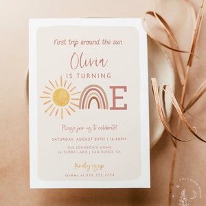 First Trip Around the Sun Birthday Invite, Sunshine 1st Birthday Invite, Boho Sun Birthday Neutral, Boho Rainbow, Editable Template S2