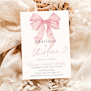 Pink Bow Birthday Invitation Template, Pink Bow Invite, Coquette Bow Birthday Invite, Elegant Birthday Invite, Girl Birthday Invitation, B1