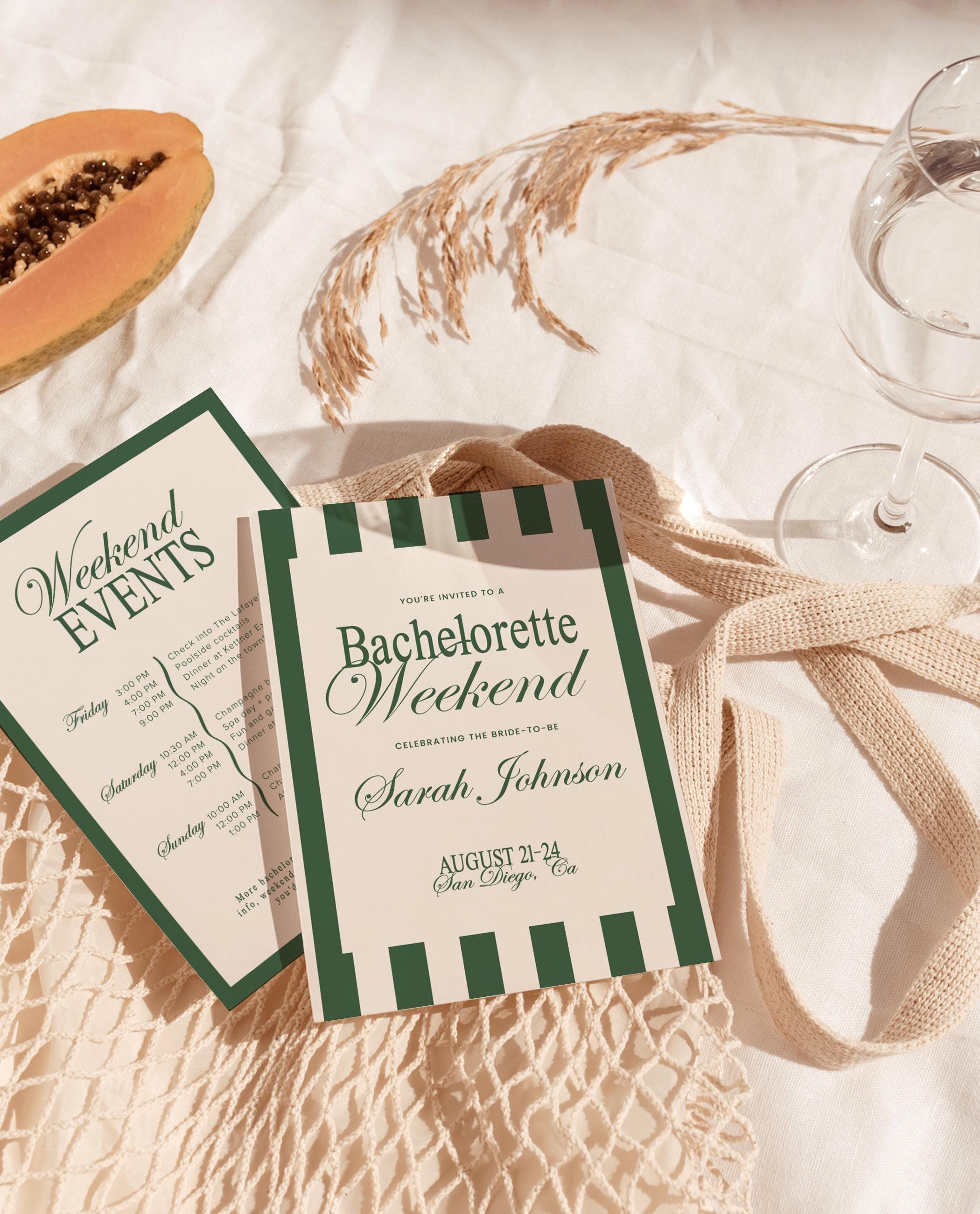 Green Bachelorette Itinerary Invitation Template, Old Money Aesthetic Green Bachelorette Invitation, Elegant Classic Bachelorette, G1