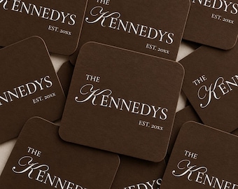 Personalized Last Name Paper Coasters | Modern Brown Custom Family Name With Year Established