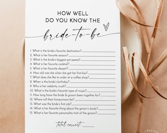 How Well Do You Know the Bride-to-Be Game | Modern Bridal Trivia Shower Game | Minimalist Bridal Shower Game | Editable Template | M9