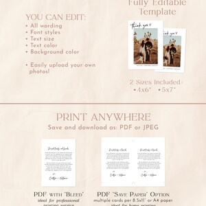 May include: Editable template for thank you cards with two photo placeholders. The template is available in two sizes: 4x6 inches and 5x7 inches. The text "Thank you" is written in a handwritten font. The template can be printed at home or by a professional printing service.