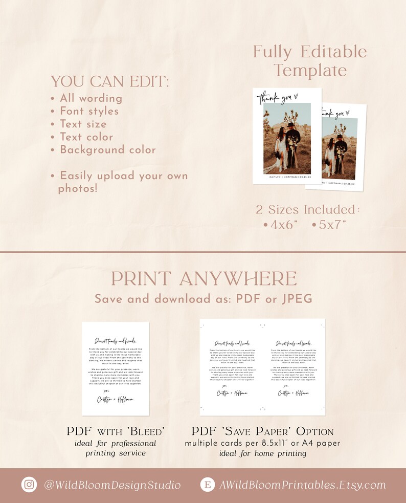 May include: Editable template for thank you cards with two photo placeholders. The template is available in two sizes: 4x6 inches and 5x7 inches. The text "Thank you" is written in a handwritten font. The template can be printed at home or by a professional printing service.