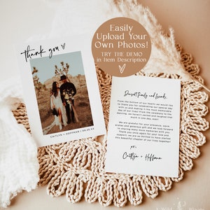 May include: A white card with a thank you message and a photo of a couple in front of a desert landscape. The card also includes the text "Caitlyn + Hoffman 09.25.XX".