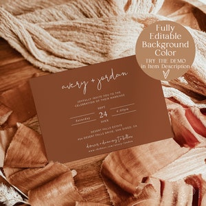 May include: A brown wedding invitation with white text. The invitation reads "avery + jordan" and includes the date and time of the wedding, "Saturday, Sept 24, 4:00pm 20XX". The location is listed as "Desert Falls Estate, 924 Desert Falls Drive, San Diego, CA". The invitation also includes the text "dinner + dancing to follow" and a website address, "www.theknot.com/avery-landon".