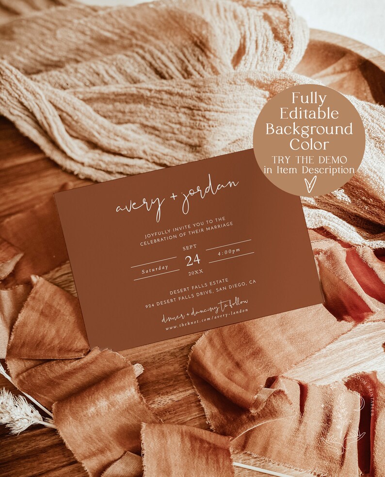 May include: A brown wedding invitation with white text. The invitation reads "avery + jordan" and includes the date and time of the wedding, "Saturday, Sept 24, 4:00pm 20XX". The location is listed as "Desert Falls Estate, 924 Desert Falls Drive, San Diego, CA". The invitation also includes the text "dinner + dancing to follow" and a website address, "www.theknot.com/avery-landon".