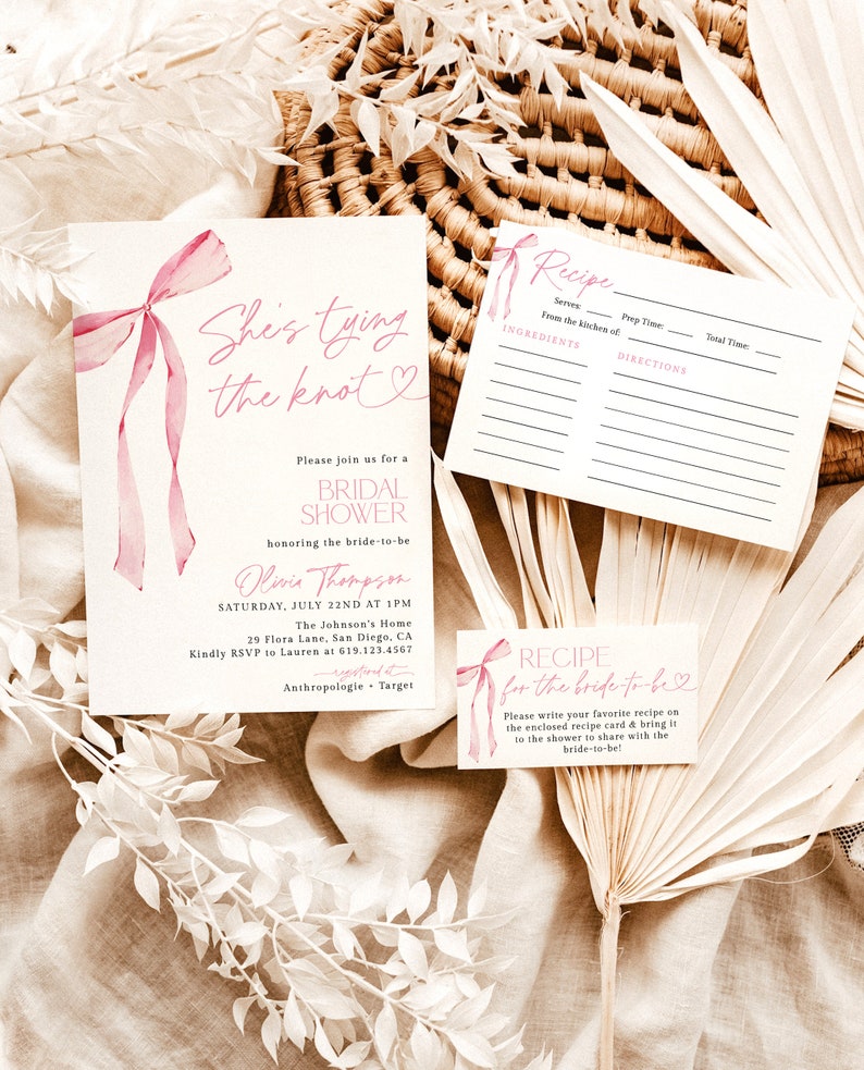 Bow Bridal Shower Invite Pink Bow Bridal Shower Bridal Shower Bundle Recipe Card Pink Ribbon, Minimalist Bridal Shower Invite B4 zdjęcie 1