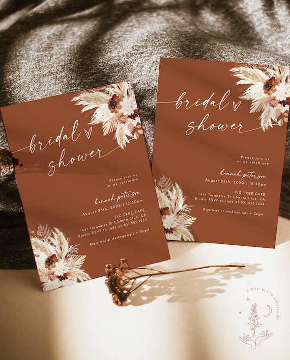 Boho Bridal Shower Invitation, Fall Bridal Shower Invite, Pampas Grass Bridal Shower, Terracotta Bridal Shower, Editable Template A4