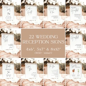 May include: A set of 22 printable wedding reception signs in various sizes, including 4x6 inches, 5x7 inches, and 8x10 inches. The signs feature a modern calligraphy style and are perfect for a wedding reception.