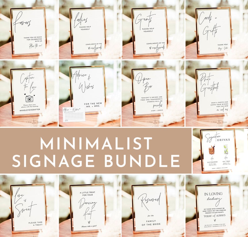 Minimalist Wedding Sign Bundle, Boho Wedding Signs, Modern Minimalist Wedding Signs, Reception Sign Bundle, Editable Templates, M7 image 1