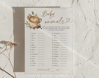 PRINTED + SHIPPED | Baby Animals Baby Shower Game Coffee Latte Theme Name the Animal Baby Neutral Baby Shower Games Card