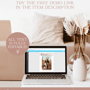 May include: A laptop computer displaying a digital design template for a thank you card. The card features a photo of a couple in a desert setting with the text "Thank you" and a heart. The text on the laptop screen reads "All text is fully editable!"