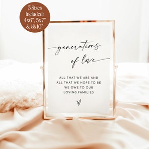 Op de afbeelding: Een wit ingelijst print met de tekst "generations of love" en het citaat "All that we are and all that we hope to be we owe to our loving families". De print ligt op een lichtbruin oppervlak.