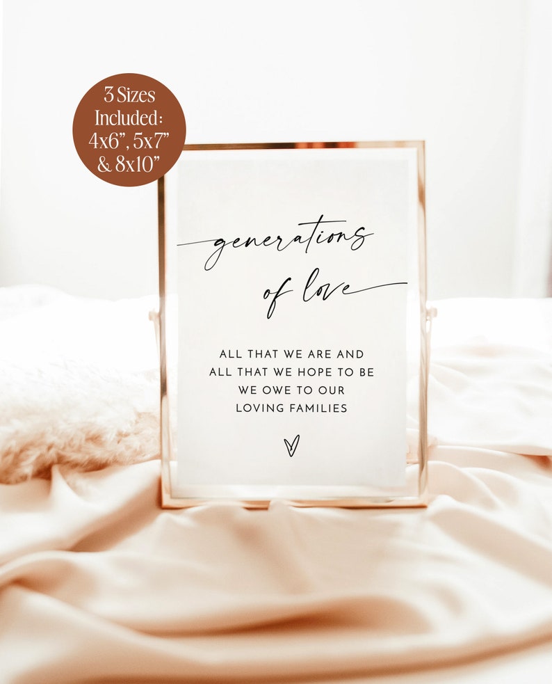 Op de afbeelding: Een wit ingelijst print met de tekst "generations of love" en het citaat "All that we are and all that we hope to be we owe to our loving families". De print ligt op een lichtbruin oppervlak.