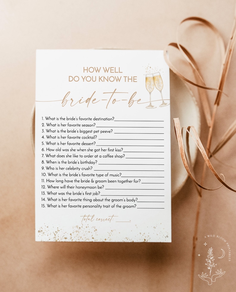May include: A printable bridal shower game with a gold glitter background and the text "How well do you know the bride-to-be?"  The game includes 15 questions about the bride and her fiance.