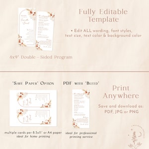 May include: A printable wedding program template featuring a floral design in shades of brown and beige. The template is fully editable and can be printed on 8.5x11 inch or A4 paper.