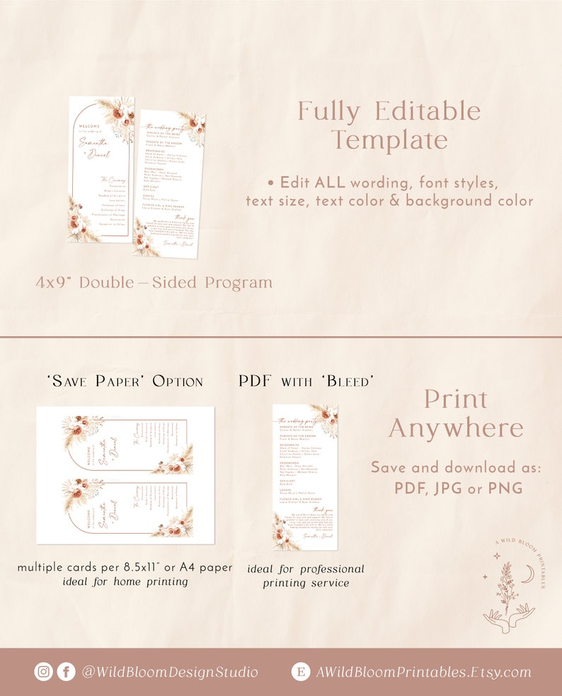May include: A printable wedding program template featuring a floral design in shades of brown and beige. The template is fully editable and can be printed on 8.5x11 inch or A4 paper.