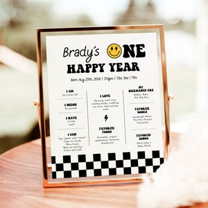 Signo de hito del 1er cumpleaños, tablero de hitos de cumpleaños de un tipo feliz, damas de cara sonriente, fiesta de cumpleaños de niño, plantilla editable S4