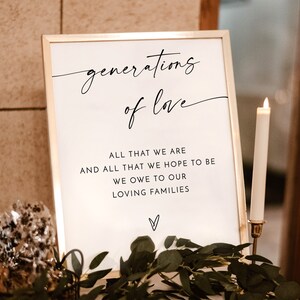 Op de afbeelding: Een wit bord met een gouden lijst, met de tekst "generations of love" in cursief schrift. Het bord bevat ook de tekst "All that we are and all that we hope to be we owe to our loving families" en een klein hartje.