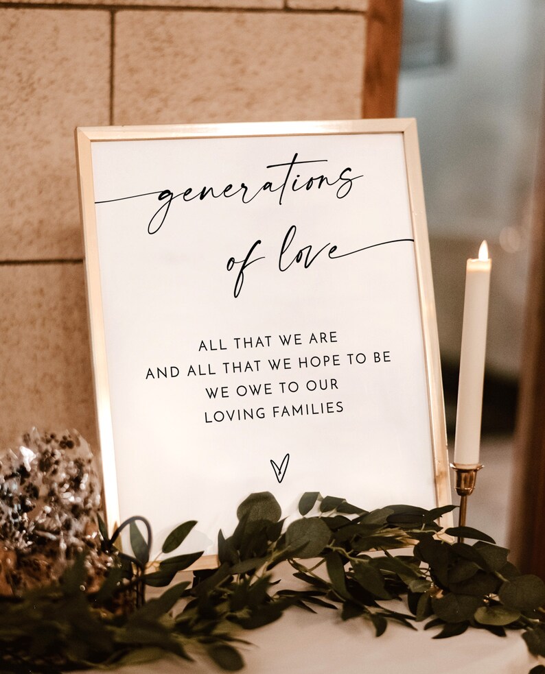 Op de afbeelding: Een wit bord met een gouden lijst, met de tekst "generations of love" in cursief schrift. Het bord bevat ook de tekst "All that we are and all that we hope to be we owe to our loving families" en een klein hartje.