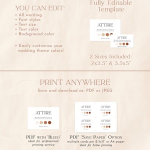 Puede incluir: Plantilla editable para un cartel de atuendo de boda con el texto "ATTIRE" en fuente marr&oacute;n. El cartel est&aacute; disponible en dos tama&ntilde;os: 2x3,5 pulgadas y 3,5x5 pulgadas. La plantilla se puede imprimir como un PDF con sangrado o como una opci&oacute;n de ahorro de papel.