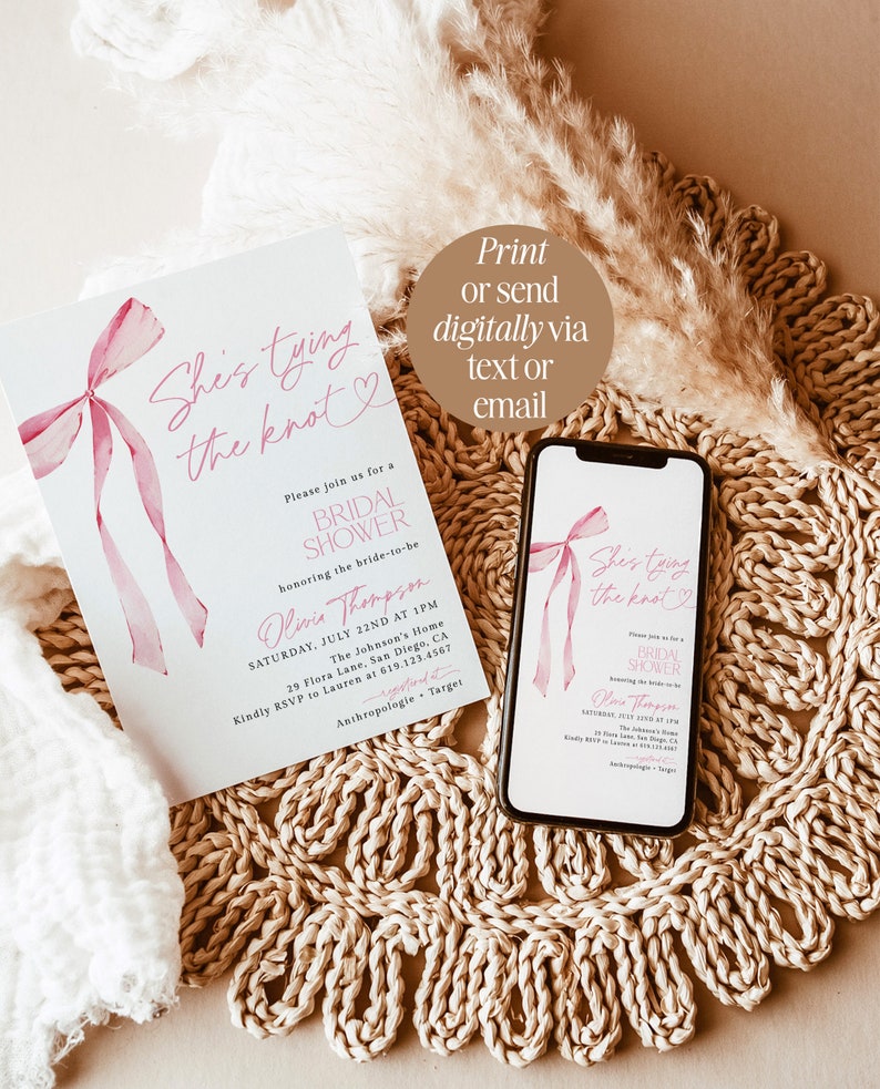 Bow Bridal Shower Invite Pink Bow Bridal Shower Bridal Shower Bundle Recipe Card Pink Ribbon, Minimalist Bridal Shower Invite B4 zdjęcie 5