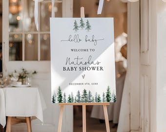 Winter Baby Shower Sign | Hello Baby Woodland Forest Welcome Sign | Pine Tree Winter Shower Decor | Printed & Shipped