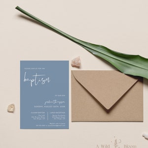 May include: A blue and white baptism invitation with the text "PLEASE JOIN US FOR THE baptism OF OUR SON jordan thompson SUNDAY, AUGUST 28TH, 20XX 10:30AM BAPTISM The Loft 354 Riviera Drive San Diego, CA LUNCH RECEPTION Buona Forchetta 253 Beech Street San Diego, CA Regrets only to joyne 555.323.4567 jasneemall@email.com"