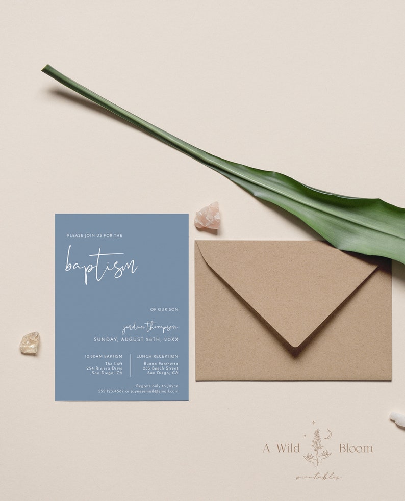May include: A blue and white baptism invitation with the text "PLEASE JOIN US FOR THE baptism OF OUR SON jordan thompson SUNDAY, AUGUST 28TH, 20XX 10:30AM BAPTISM The Loft 354 Riviera Drive San Diego, CA LUNCH RECEPTION Buona Forchetta 253 Beech Street San Diego, CA Regrets only to joyne 555.323.4567 jasneemall@email.com"