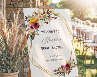 Fall Floral Bridal Shower Welcome Sign | Burgundy Marigold Geometric Frame Poster