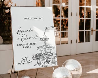 Engagement Party Welcome Sign Template, Minimalist Editable, Modern, Instant Download, Champagne Tower Poster, M9