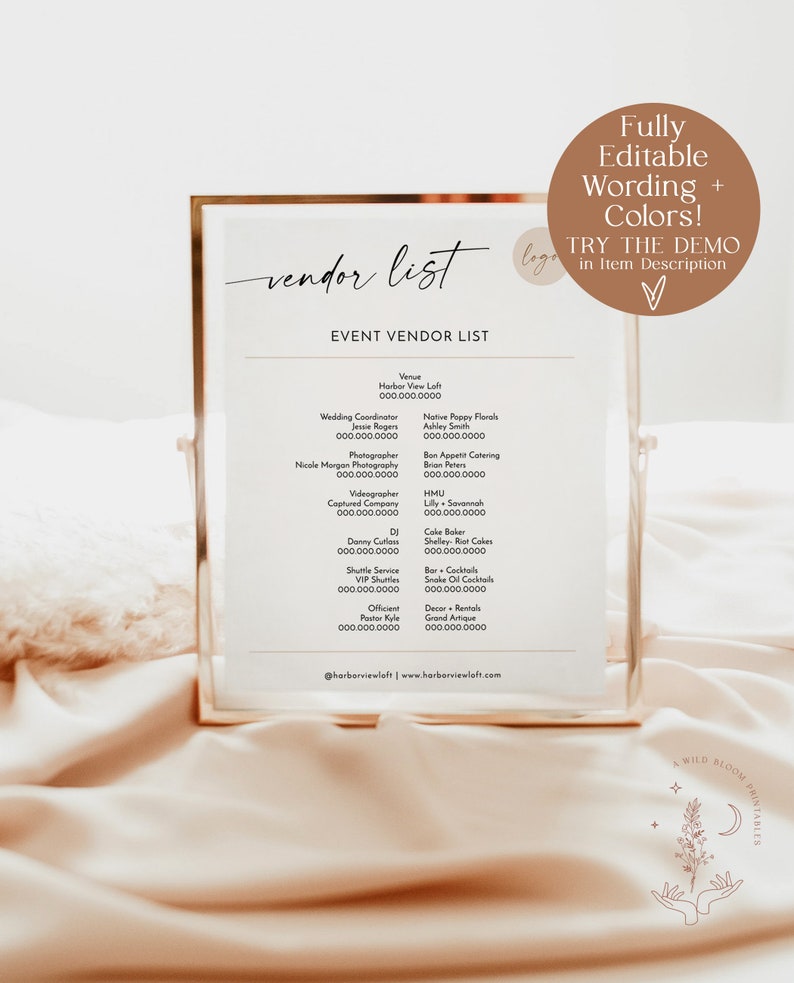 Wedding Vendor List Template Wedding Day Details Event Vendor List Wedding Day Contact List Minimalist Wedding Template M9 image 4