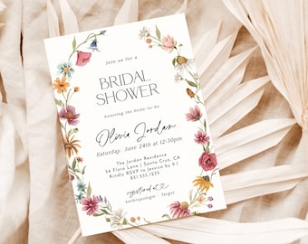 Invitación para despedida de soltera con temática de flores silvestres, Invitación colorida para despedida de soltera con temática floral, Despedida de soltera con flores, Invitación para despedida de soltera en un jardín, Plantilla editable, W1