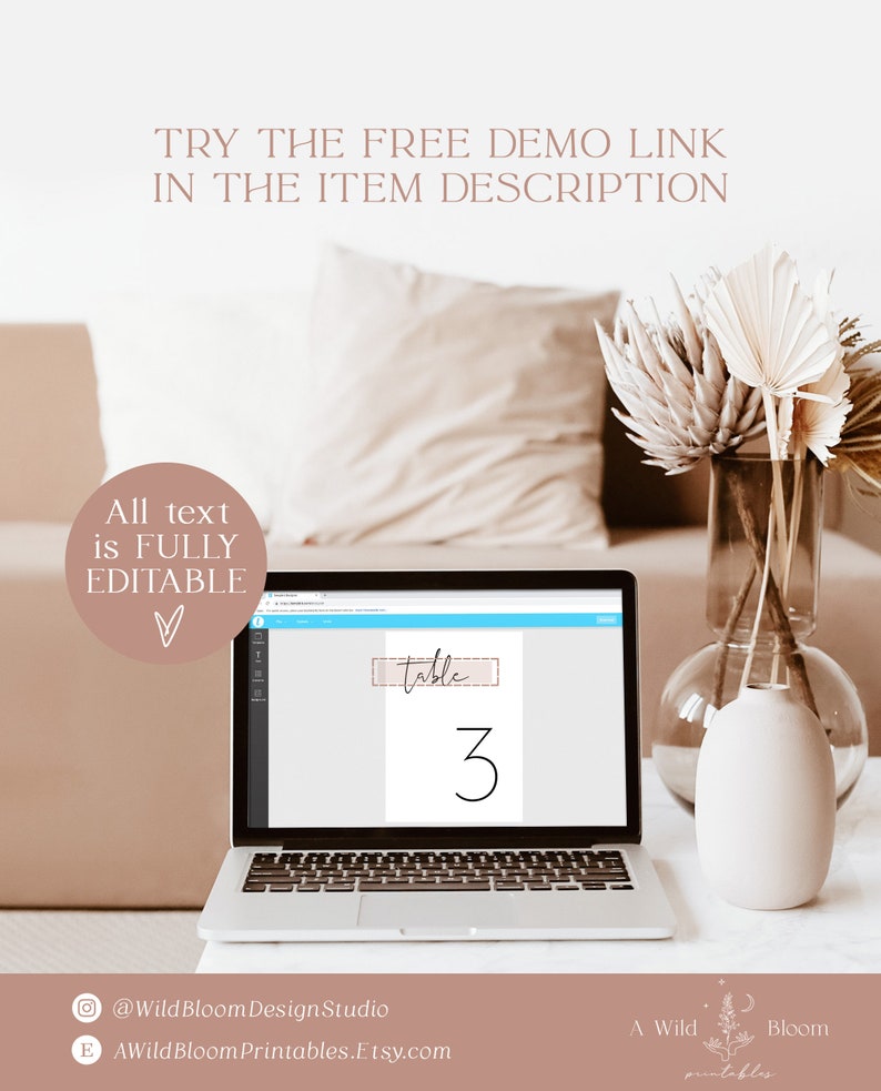 May include: Editable table number template with a pink and white design. The number 3 is displayed in black script font. The text "table" is written in black script font and is enclosed in a pink rectangle with a white border. The text "table 3" is displayed on a laptop screen.