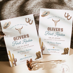 May include: Two printable invitations for a child's first rodeo. The invitations are light blue with brown, white, and yellow accents. The invitations feature a cowboy hat, a skull, and a horseshoe. The text on the invitations reads "Oliver's First Rodeo" and includes the date, time, and location of the event. RSVP information is also included.