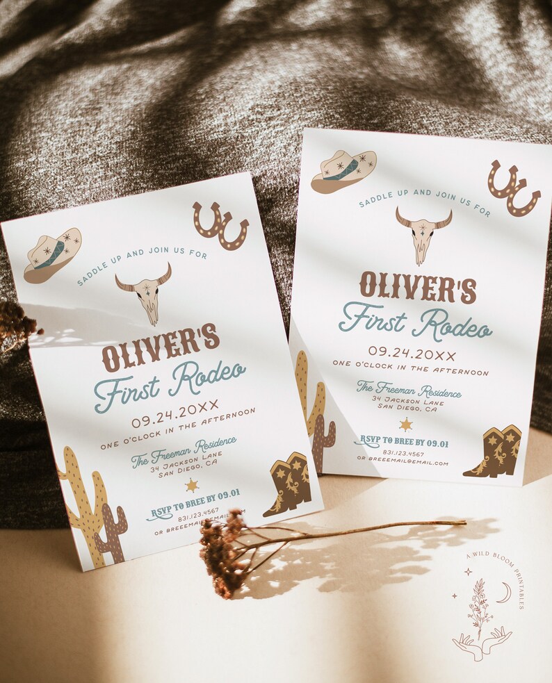 May include: Two printable invitations for a child's first rodeo. The invitations are light blue with brown, white, and yellow accents. The invitations feature a cowboy hat, a skull, and a horseshoe. The text on the invitations reads "Oliver's First Rodeo" and includes the date, time, and location of the event. RSVP information is also included.