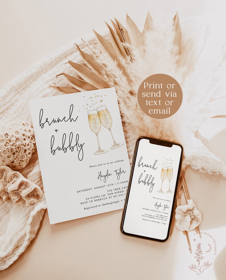 Brunch & Bubbly Bridal Shower Invitation Wedding Shower Invite Champagne Shower Minimalist Bridal Shower Invite Editable Template B2 image 3