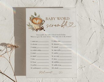 PRINTED + SHIPPED | Coffee Baby Shower Word Scramble Game Latte Baby Is Brewing Gender Neutral Baby Shower Games Card