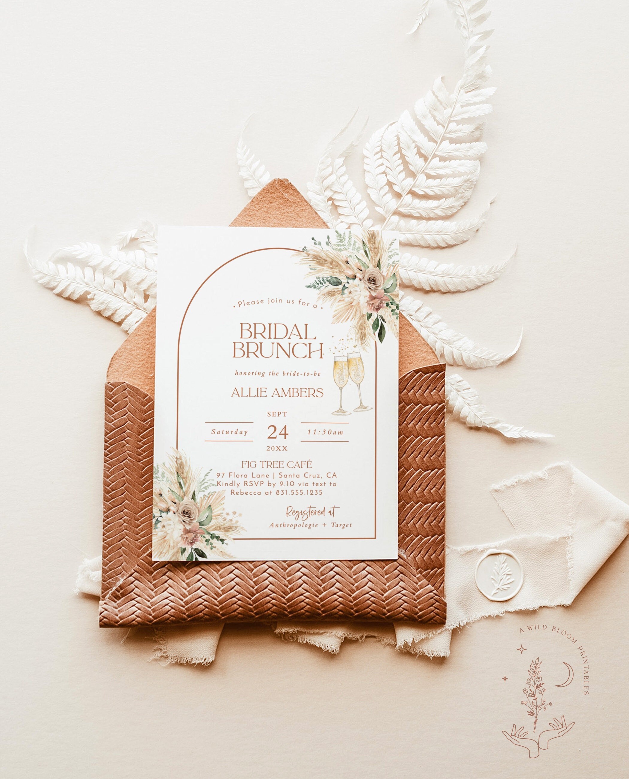 Boho Bridal Shower Invitation Pampas Grass Bridal Brunch Invite Bohemian Bridal Brunch Editable Modern Arch Bridal Shower