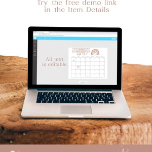 May include: A laptop screen displaying a digital calendar template with a rainbow and the text "Baby Hill's Birth Tracker". The text "All text is editable" is displayed below the calendar.