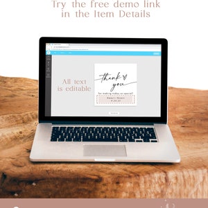 May include: A laptop screen displaying a thank you card template with editable text. The text reads "Thank you for making today so special! Emma's Shower 9.24.25".