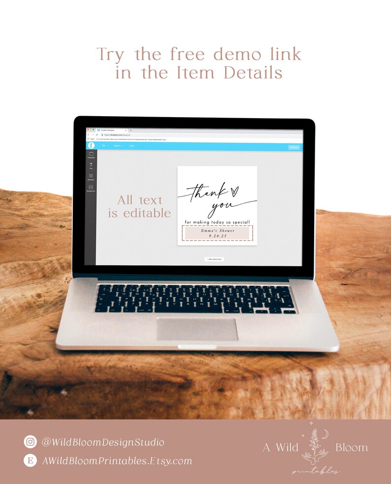 May include: A laptop screen displaying a thank you card template with editable text. The text reads "Thank you for making today so special! Emma's Shower 9.24.25".