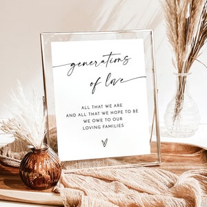 Op de afbeelding: Een ingelijst print met de tekst "generations of love" en de quote "All that we are and all that we hope to be we owe to our loving families." De print is in een gouden lijst en ligt op een tafel met een bruine stoffen loper.