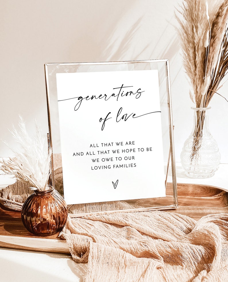 Op de afbeelding: Een ingelijst print met de tekst "generations of love" en de quote "All that we are and all that we hope to be we owe to our loving families." De print is in een gouden lijst en ligt op een tafel met een bruine stoffen loper.