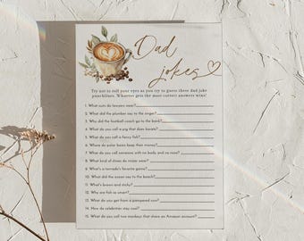 PRINTED + SHIPPED | Dad Jokes Baby Shower Game Coffee Latte Theme Guess the Punchline Neutral Baby Shower Games Card
