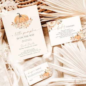 Fall Baby Shower Invitation Bundle, Pumpkin Baby Shower Invite, Boho Baby Shower Invite, A Little Pumpkin is on the Way Girl Invite, F3