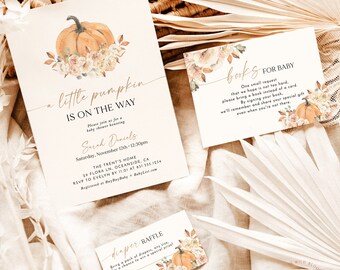 Fall Baby Shower Invitation Bundle, Pumpkin Baby Shower Invite, Boho Baby Shower Invite, A Little Pumpkin is on the Way Girl Invite, F3
